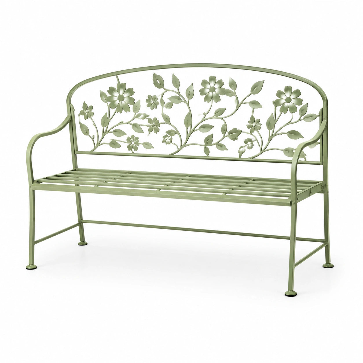 Banco de jardín de acero con diseño floral verde