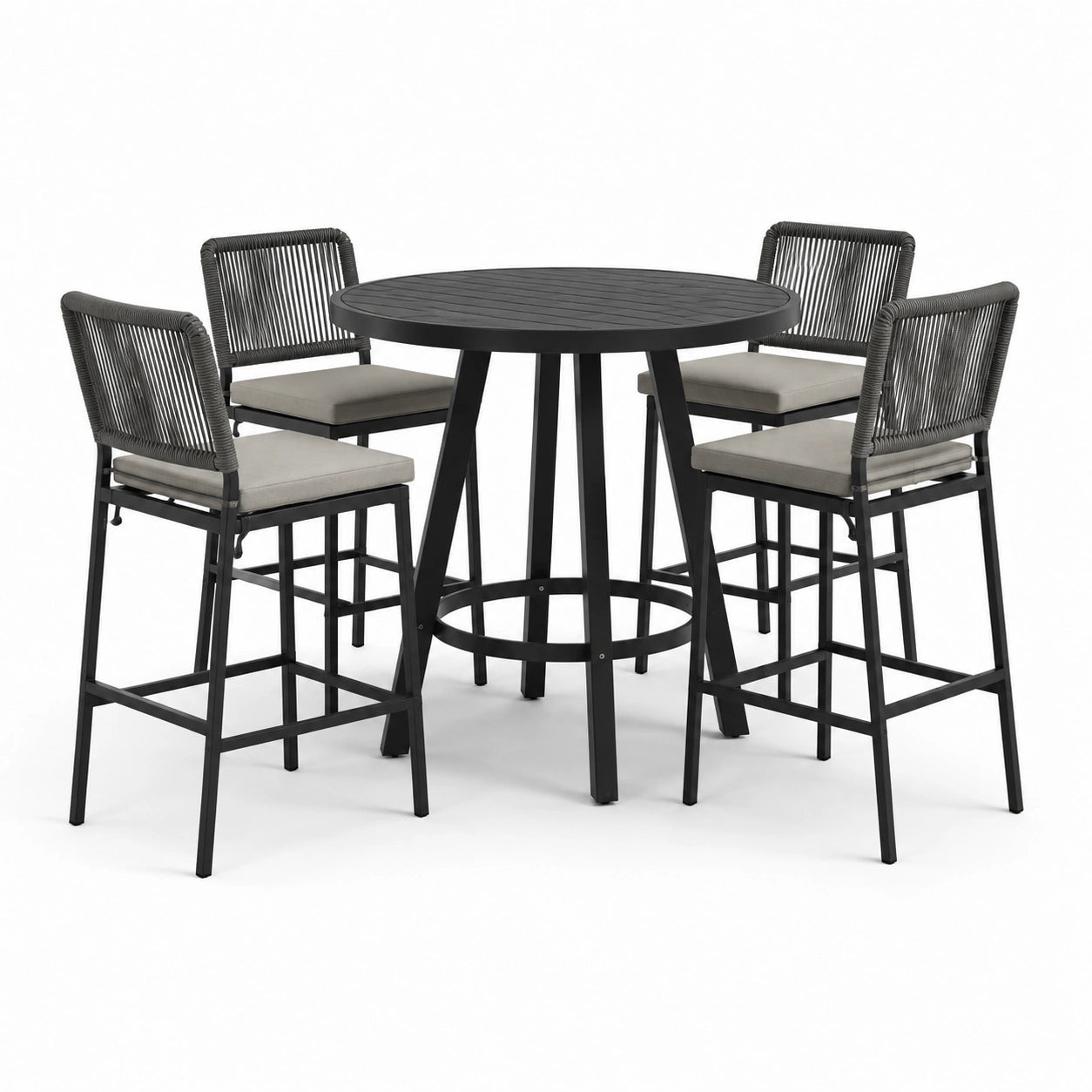 Conjunto de bar exterior con mesa alta de acacia y 4 sillas de metal y cuerda sintética