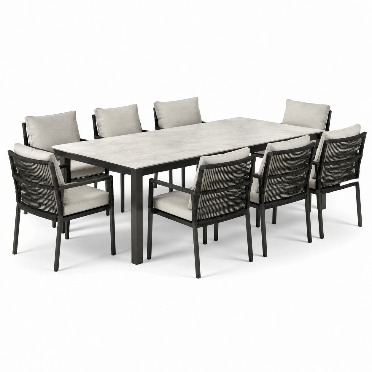 Conjunto de comedor exterior de aluminio y cuerda sintética gris/marrón con mesa cuadrada