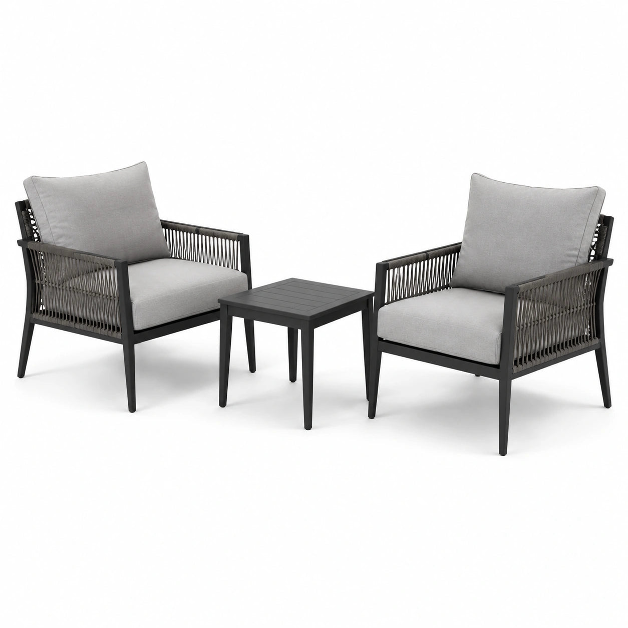 Conjunto de jardín con dos sillas y mesa de centro de aluminio, madera y cuerda gris/negro