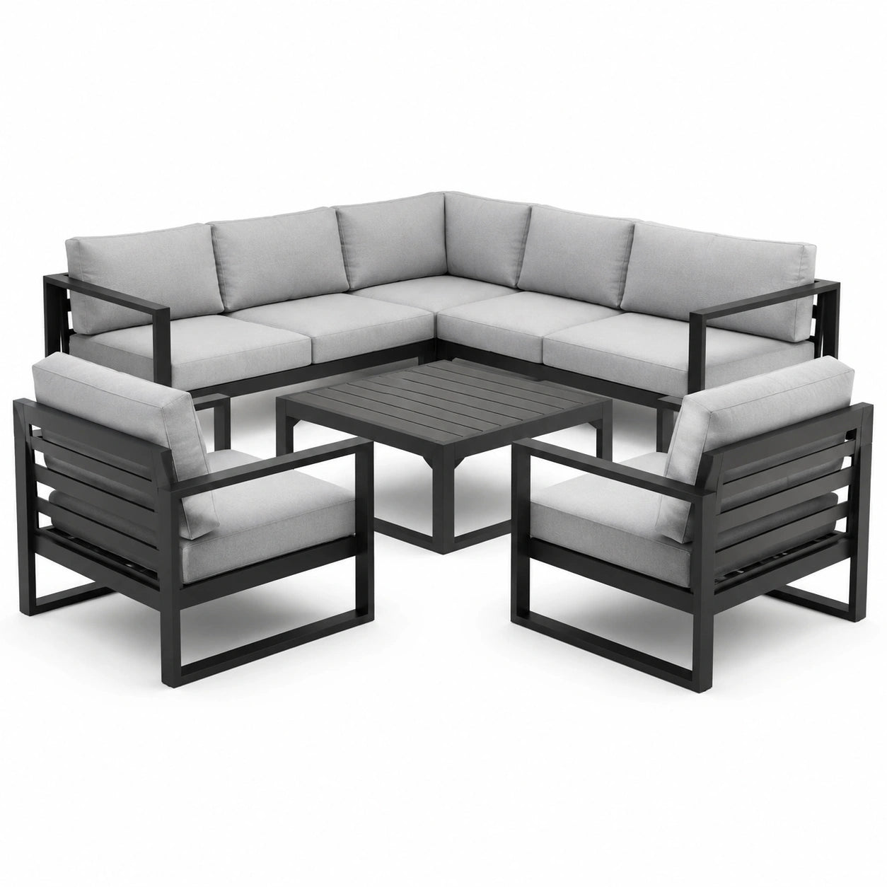 Conjunto de muebles de jardín de aluminio y madera con cojines grises